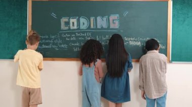 Akıllı öğrenci kodlama mühendisliği komut yazarken geçmişe dönüp kara tahtada yapay zeka programlama sistemi kodu oluşturmuş. Mutlu çeşitli çocuklar web sitesi geliştirme planı için birlikte çalışıyorlar. Pedagoji.