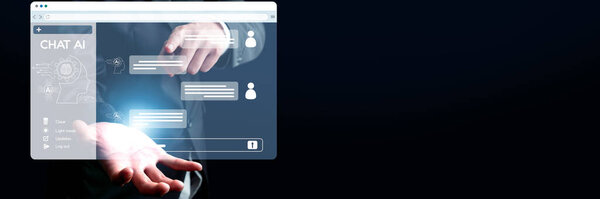 Человек взаимодействует с виртуальным помощником AI искусственного интеллекта, роботом в концепции AI искусственного интеллекта, глубокого обучения использованию генеративного AI для поддержки работы. EIDE