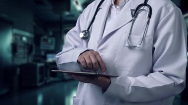 Elinde DNA hologramıyla tablet tutan yetenekli bir tıp çalışanına yaklaş. Hasta semptomlarını analiz etmek için profesyonel doktor DNA örneği veya genetik materyal. Teknoloji yeniliği. İyileştirici.