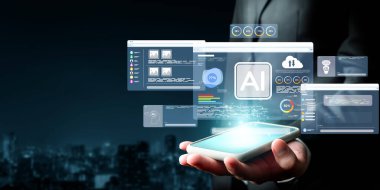 Yapay zeka mühendisliği, büyük veri ve yapay zeka makinesi kavramında yapay zeka beyin işlemcisiyle iş desteği için üretken yapay zeka kullanmayı öğrenen insan etkileşimi. EIDE
