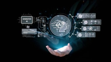 Yapay zeka mühendisliği, büyük veri ve yapay zeka makinesi kavramında yapay zeka beyin işlemcisiyle iş desteği için üretken yapay zeka kullanmayı öğrenen insan etkileşimi. Kullanıcı Kimliği