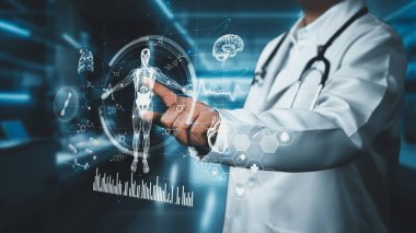 Profesyonel doktor muayenesini kapat ve insan muayene raporuna bak. Doktor röntgene bakıyor ve HUD gösterge panelindeki kalp atışlı tüm vücut hologramını analiz ediyor. İyileştirici.