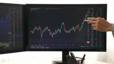 Menkul kıymetler borsası pazarlamasını inceleyen borsa yatırımcıları, zarar ve kazanç için mum bar fiyatlarını analiz eden monitörlere bakıyor. Filizlenen