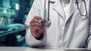 Elinde tabletle masada oturan yetenekli doktorların yakın çekimleri hastanede bulanık bir geçmişi olan DNA hologramına işaret ediyor. Tıp çalışanı genetik bozuklukları kontrol ediyor ve inceliyor. İyileştirici.