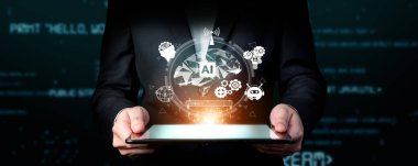 Yapay zeka mühendisliği, büyük veri ve yapay zeka makinesi kavramında yapay zeka beyin işlemcisiyle iş desteği için üretken yapay zeka kullanmayı öğrenen insan etkileşimi. Faas