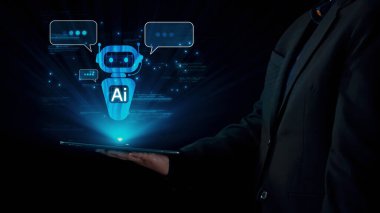 Yapay zeka sanal asistanı Chatbot ile yapay zeka konsepti ile insan etkileşimi, yapay zeka mühendisliği, LLM yapay zeka derin öğrenimi iş desteği için üretken yapay zeka kullanımı. Kullanıcı Kimliği