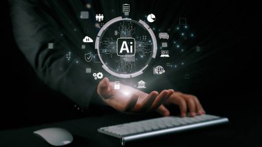 Yapay zeka mühendisliği, büyük veri ve yapay zeka makinesi kavramında yapay zeka beyin işlemcisiyle iş desteği için üretken yapay zeka kullanmayı öğrenen insan etkileşimi. Kullanıcı Kimliği