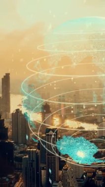 Akıllı şehirde küresel bağlantı ve internet ağı modernizasyonu. Gelecekteki 5G kablosuz dijital bağlantı ve sosyal medya ağı kavramı .