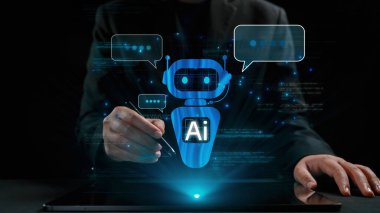 Yapay zeka sanal asistanı Chatbot ile yapay zeka konsepti ile insan etkileşimi, yapay zeka mühendisliği, LLM yapay zeka derin öğrenimi iş desteği için üretken yapay zeka kullanımı. Kullanıcı Kimliği