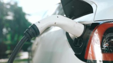 Yavaş çekim EV elektrikli araba yazın yeşil sürdürülebilir şehir bahçesinde şarj oluyor. Kentsel sürdürülebilirlik yaşam tarzı yeşil temiz yeniden şarj edilebilir enerji elektrikli BEV araç iç organları