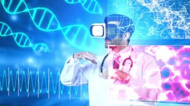 DNA hologramına bakarken genetik semptomları açıklayan ve paylaşan yetenekli bir tıp çalışanı. Kalp semptomu teşhis edilirken VR kulaklık takan profesyonel bir doktor. Teknoloji. Aygıt.
