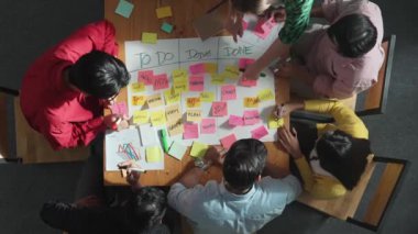 Renkli yapışkan notlarda pazarlama ve planlama stratejisi yazarken insanların yazma ve çalışma tahtası oluşturma konusunda üst düzey bir bakış açısı. Akıllı takım Kanaban tahtasını kullanarak iş performansını yönetir. Cemaat.