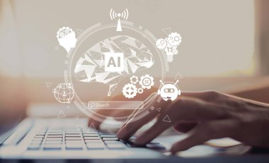 Yapay zeka mühendisliği, büyük veri ve yapay zeka makinesi kavramında yapay zeka beyin işlemcisiyle iş desteği için üretken yapay zeka kullanmayı öğrenen insan etkileşimi. EIDE