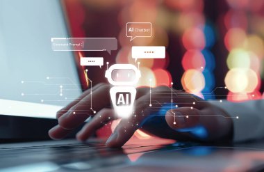 Yapay zeka sanal asistanı Chatbot ile yapay zeka konsepti ile insan etkileşimi, yapay zeka mühendisliği, LLM yapay zeka derin öğrenimi iş desteği için üretken yapay zeka kullanımı. EIDE