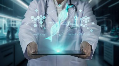 Close up of skilled doctor holding and sending tablet with DNA hologram floating at laboratory with blurring background. Professional medical worker curing genetic disorder. Technology. Remedial. clipart