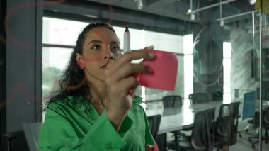 Genç İspanyol çalışanlar renkli yapışkan notlar yazıyorlar. Akıllı iş kadını pazarlama fikrini, beyin fırtınası stratejisini, iş planını paylaşıyor. Proje yöneticisi zihin haritası çiziyor. - Yakın çekim. Yönlendirici.