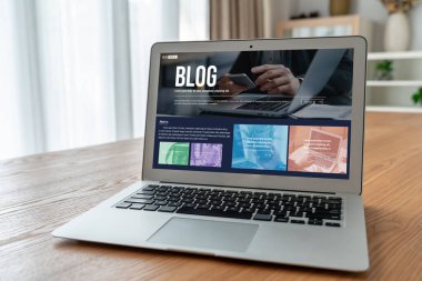 blogging concept, web blog Social Media Information network snugly. social media online content, freelance worker, working online, content creator, blogger, website, reading blog online on computer