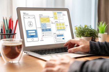 Model mobil uygulama ve web sitesi için UX UI tasarım süreci. Profesyonel uygulama geliştiricisi için kablo grafiğinin yaratıcı prototipi .