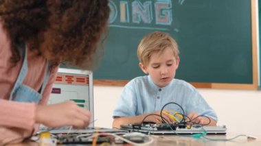 Beyaz tenli enerjik çocuk ana tahtayı tamir ediyor ve kameraya bakıyor. Bu sırada Amerikalı öğrenci de bilgisayar ekranı kodlu renkli kablolar kullanarak elektronik makineyi incelemek için birlikte çalışıyor. Pedagoji.