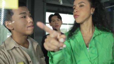 Hispanik çalışanlar, yatırımcılar ayakta durup dinlerken pazarlama fikirleri üretmeye başlarlar. Kadın lider beyin fırtınası iş planı sunuyor. Cam duvardaki yapışkan nota yazılmış bir strateji. Yönlendirici