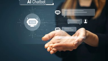 Yapay zeka sanal asistanı Chatbot ile yapay zeka konsepti ile insan etkileşimi, yapay zeka mühendisliği, LLM yapay zeka derin öğrenimi iş desteği için üretken yapay zeka kullanımı. FaaS