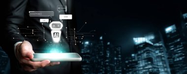 Yapay zeka sanal asistanı Chatbot ile yapay zeka konsepti ile insan etkileşimi, yapay zeka mühendisliği, LLM yapay zeka derin öğrenimi iş desteği için üretken yapay zeka kullanımı. FaaS