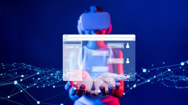 Yapay zeka sanal asistanı Chatbot ile yapay zeka konsepti ile insan etkileşimi, yapay zeka mühendisliği, LLM yapay zeka derin öğrenimi iş desteği için üretken yapay zeka kullanımı. EIDE