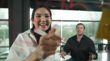 Genç kendine güvenen iş kadını projeyi uzman yatırımcıya sundu. Profesyonel proje yöneticisi başlangıç projesini açıklamak için yapışkan notlar kullanır, beyin fırtınası fikirlerini yatırımcıya paylaşır. Yönlendirici.