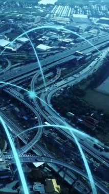 Bağlantı ağı soyut çizgisinin küreselleşme grafiğiyle akıllı dijital şehir otoyolu. Gelecekteki 5G akıllı kablosuz dijital şehir ve sosyal medya ağ sistemleri kavramı .