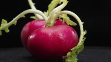 Dilimlenmiş taze turpun yakın çekimi siyah arka planda patlar. Canlı kırmızı et, karanlığa karşı bir işaret. Bu basit kompozisyon turpların eşsiz güzelliğini vurguluyor. Geliştirilebilir.