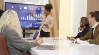 Analist ekibiyle ofis veya süs toplantı odasında yapılan sunum, başarılı bir ticari yatırım başarısı elde ettikten sonra mali verileri analiz etmek için BI Fintech 'i kullandı..