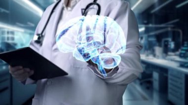 Yetenekli doktor tabletini kapat ve bulanık bir geçmişi olan beyin hologramına işaret et. Tıp çalışanı beyin anatomisine tıklayarak tableti kontrol ediyor. İyileştirici.