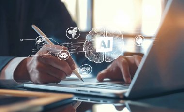 Yapay zeka mühendisliği, büyük veri ve yapay zeka makinesi kavramında yapay zeka beyin işlemcisiyle iş desteği için üretken yapay zeka kullanmayı öğrenen insan etkileşimi. EIDE