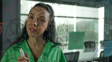 Genç İspanyol çalışanlar renkli yapışkan notlar yazıyorlar. Akıllı iş kadını pazarlama fikrini, beyin fırtınası stratejisini, iş planını paylaşıyor. Proje yöneticisi zihin haritası çiziyor. - Yakın çekim. Yönlendirici.