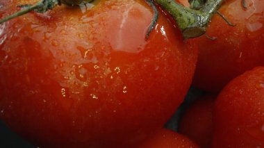 Macrography, tomatoes nestled within a rustic wooden basket are showcased against a dramatic black background. Each close-up shot captures the rich colors and textures of the tomatoes. Comestible. clipart