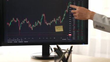 Hisse senedi borsası pazarlamasını analiz eden yavaş çekim şirketindeki yatırımcılar, kayıp için mum bar fiyatını analiz eden monitörlere bakıyor ve kazanç ve kâr elde ediyor. Filizlenen
