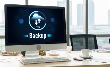 Yedek Depolama Verisi İnternet Teknolojisi İş Konsepti. Veritabanı depolama teknolojisi dosya aktarım paylaşımı, siber, büyük veri bilgileri, internet bankacılığı uygulaması indirme işlemi kolayca yapılır