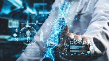 Doktorun oturduğu yeri kapatın ve DNA örneği hologramının yüzdüğünü ve tıbbi verilere erişimini gösterin. Teknoloji yeniliklerini kullanarak genetik bozuklukları kontrol eden profesyonel bir tıp çalışanı. İyileştirici.