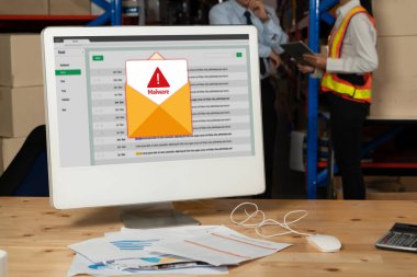 Cyber attacking concept. Malware alert showing on computer screen display scam and threat detection on computer system or online server to be removed snugly.