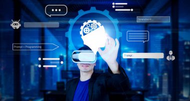 Akıllı proje yöneticisi AI sohbet hologramına işaret ediyor ve modern ofiste kulaklık takıyor. Profesyonel iş adamı bulanık geçmişi olan artırılmış gerçeklik gözlükleri üzerinde çalışıyor. Teknoloji. Yaratıcılık.