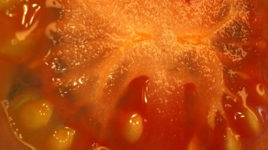 Macro photography of sliced tomato. Tomatos flesh appears succulent and tender, with a slight firmness. The sliced tomato glisten under the light, showcasing their freshness and ripeness. Comestible. clipart