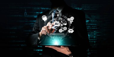 Yapay zeka mühendisliği, büyük veri ve yapay zeka makinesi kavramında yapay zeka beyin işlemcisiyle iş desteği için üretken yapay zeka kullanmayı öğrenen insan etkileşimi. Faas