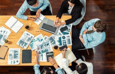 Panorama üst düzey iş analist grubu toplantı masasındaki finansal veri raporunu analiz ediyor. İş zekası analizine göre çizelge ve grafik paneli. Çok titiz.