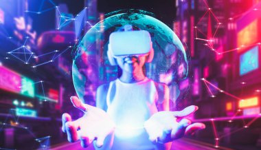 VRX 'in sanal gerçeklik siber punk tarzı binasında zeki bir kadın VR kulaklık takıyor, metaverse takıyor, gelecekteki siber uzay topluluğu teknolojisi, 3 boyutlu hologram görüyor ve tutuyor. Halüsinasyon.