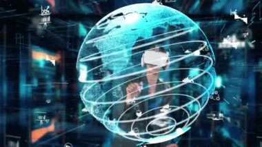 Dünya pazarı verilerini açıklayan iş kadını VR gelecekteki küresel yenilik arayüzü dijital bilgi ağı teknolojisi sanal hologram küresel animasyon sunucusu ile analiz ekranını döndürüyor. Kısıtlanma.