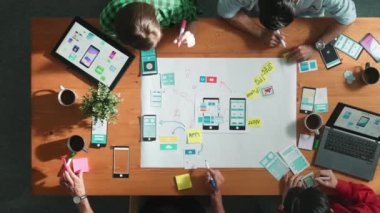 Profesyonel geliştirici ekip Ux Ui tasarımı fikrini zihin haritası kullanarak paylaşıyor. Bir grup iş adamının beyin fırtınası yapmak ya da cep telefonu arayüzü uygulamasını planlamak için birlikte çalıştıklarını görüyoruz. Cemaat.