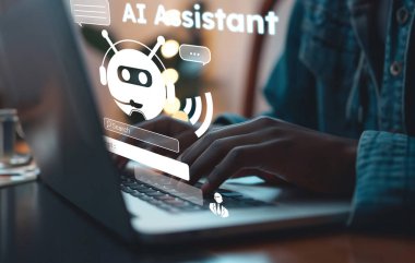 Human interact with AI artificial intelligence virtual assistant chatbot in concept of AI artificial intelligence prompt engineering, LLM AI deep learning to use generative AI for work support. EIDE clipart