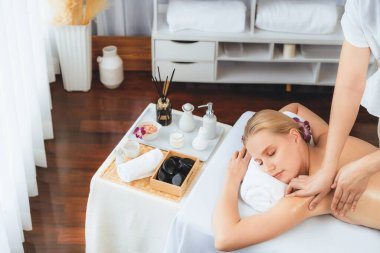 Kafkasyalı kadın müşteri stres önleyici spa masajının keyfini çıkarıyor ve lüks otel ya da oteldeki gündüz açık ortam güzellik salonunda güzellik teniyle eğleniyor. Sessiz.