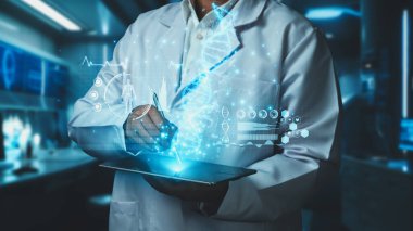 Close up of doctor holding tablet while pointing pen with DNA hologram floating at laboratory with blurring background. Medical worker checking at genetic research and using gene therapy. Remedial. clipart