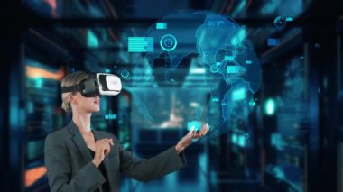 VR 'nin gelecekteki küresel pazar yenilik arayüzü dijital bilgi ağı teknolojisi sanal hologram sunucu odasını kullanarak büyük veri dinamik dönen dünya ekranını finanse etmeye çalışan kadın. Kısıtlanma.